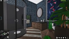 the bathroom is decorated in all black and white colors, with green plants on the floor