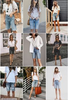 Capri Shorts Outfit, Jean Bermuda Shorts Outfit, Cute Short Outfits, Long Shorts Outfits Women, Denim Bermuda Shorts Outfit, How To Wear Bermuda Shorts, How To Style Bermuda Shorts, Bermuda Shorts Outfits, Beach Shorts Outfit