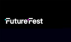 the futurefest logo is shown on a black background with white and pink letters in it