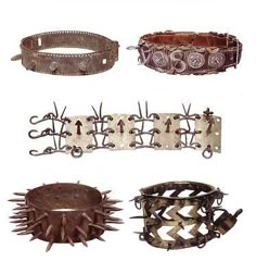 four different types of bracelets with metal spikes on each one side and holes in the middle