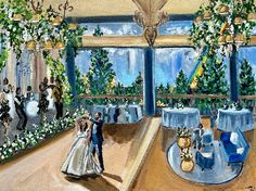 a painting of a couple dancing in a ballroom with christmas trees and chandeliers