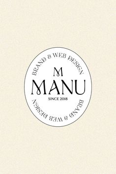 the logo for m manu is shown in black on a beige background with white lettering