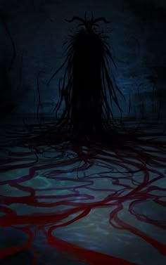 a dark room with blood flowing down the floor and walls, as well as a creepy figure