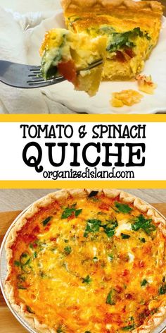 two different types of quiche on plates with the words tomato and spinach quiche