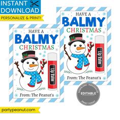 two christmas cards with the words have a balmy christmas and an image of a snowman