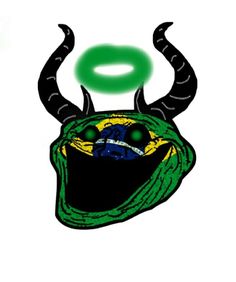 a green and black bull with horns on it's head is in front of a white background