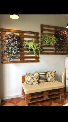 some plants are hanging on the wall above a couch