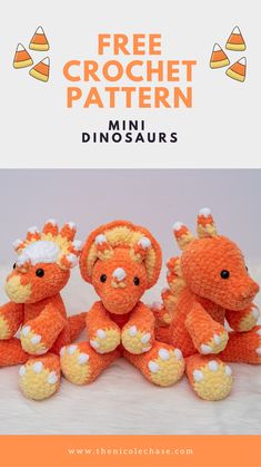 three crocheted stuffed animals sitting next to each other with the text free crochet pattern for mini dinosaurs