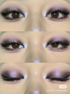 Grey Purple Makeup, Black Purple Eye Makeup, Black Purple Eyeshadow, Black Purple Makeup, Purple Inner Corner, Dark Purple Prom Makeup, Dark Purple Eyeshadow Looks, Txt Makeup Inspired, Purple Grunge Makeup