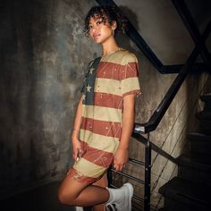 Channel Americana in effortless style with our Vintage USA Flag T-shirt dress. This isn't just a dress; it's a versatile companion for wherever your day (or night) takes you. Dress it up for a touch of retro flair or keep it casual with sneakers. Super-soft and comfy, the oversized fit lets you lounge in comfort or hit the streets in nostalgic style. It's the ultimate all-American wardrobe essential - endlessly adaptable and undeniably cool. * Made from 96% polyester, 4% spandex * Smooth and stretchy fabric * Fabric weight: 6.19 oz/yd² (210 g/m2) * Lowered armhole with a widened sleeve and a drop shoulder * Comfortable oversize fit * Blank product components in Mexico sourced from the US * Blank product components in the EU sourced from Lithuania This product is made especially for you as American Wardrobe, American Flag Dress, Patriotic Fashion, Vintage American Flag, Vintage Usa, Usa Flag, Dress Clothes For Women, Style Retro, The Streets