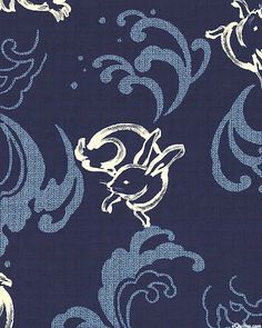 a blue and white wallpaper with an image of a bird on it's back