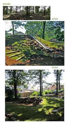 three different views of a park with steps and trees