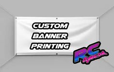 a white banner with the words custom banner printing in purple and black letters on it