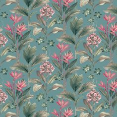 a floral wallpaper with pink flowers and green leaves on a blue background in pastel shades