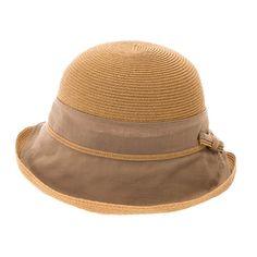 Cute fine straw summer cloche hat. Cotton ramie fabric mid-crown and brim. Asymmetrical facesaver style brim that disappears in back. Brim is straw trimmed and turned up. Shapeable, 3" wide brim. Dome crown. Small ramie and straw bow accent on side. Packable, crushable hat made for travel. Rated as excellent UPF 50+ sun protection hat. One size. 50% paperstraw, 25% cotton, 25% ramie Natural Woven Short Brim Cloche Hat, Natural Woven Brimmed Cloche Hat, Beige Woven Brimmed Panama Hat, Natural Woven Cloche Hat With Short Brim, Beige Woven Panama Hat, Lightweight Brimmed Sun Hat, Beige Woven Fedora, Natural Straw Brimmed Cloche Hat, Beige Woven Brimmed Fedora