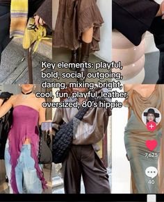 several pictures of different types of clothing and accessories on display with caption that reads key elements play, bold, social, outing, daring, mixing, cool fun, playful, cool