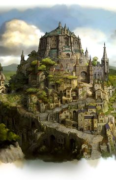 an artistic painting of a castle on top of a hill in the middle of town