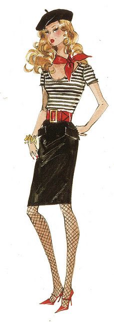 a drawing of a woman in black and white striped shirt and skirt with fishnet stockings