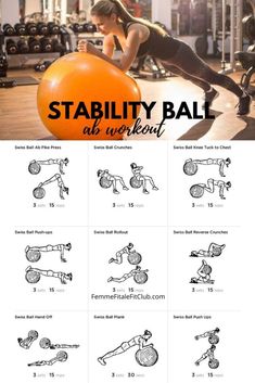 a woman doing an exercise ball with the words, stability ball abs workout on it