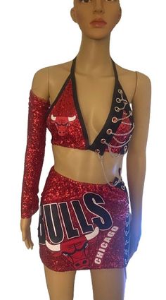 Chicago 2 piece set Two Piece Jersey Outfit, Fitted Two-piece Party Set, Fitted Red Set For Night Out, Bulls Jersey Outfit Woman, Red Fitted Tops Matching Set, Bulls Outfit Woman Chicago, Fitted Sleeveless 2-piece Set, Fitted Two-piece Club Set, Red Fitted Two-piece Set