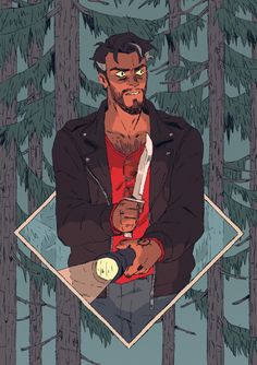 a man holding a knife in the middle of a forest with pine trees behind him