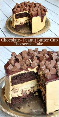 two pictures of a chocolate peanut butter cup cake with one slice cut out and the other half eaten