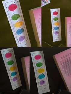 four different colored papers with writing on them