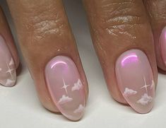 Moon Nails Design Short, Nub Nail Designs, Iridescent Star Nails, Minimalist Nails Stars, Pink Celestial Nails, Girly Pop Nails, Hannah Montana Nails, Short Almost Nails, Moon Nails Short