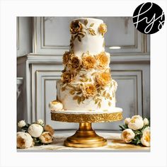 a white and gold wedding cake sitting on top of a table next to some flowers