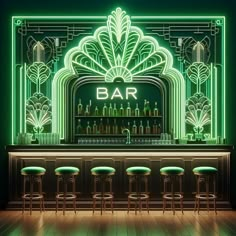 a bar with neon lights and stools in front of the bar counter is an art deco design