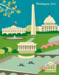 the washington d c poster is shown in blue and white