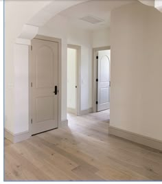 an empty room with white walls and wood flooring is pictured in this image, there are two doors on either side of the door