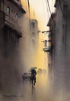 a painting of a person walking in the rain with an umbrella over their head and cars behind them