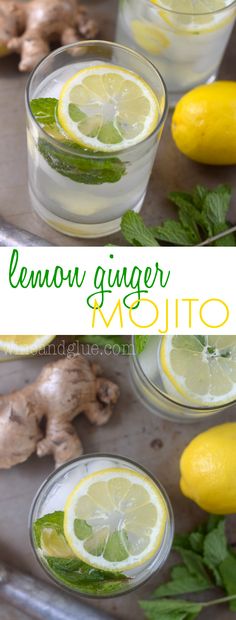 two glasses filled with lemon ginger mojito next to sliced lemons and mint