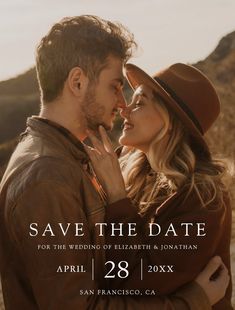 a man and woman are standing together in front of the mountains with text save the date for the wedding of elizabeth & jonathan