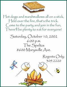 an image of a flyer for a campfire and book party with the words hot dogs and marshmallows all on a stick