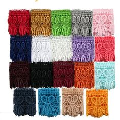 many different colors of crochet laces are arranged on a white background with the word