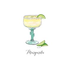 margarita cocktail with lime slices and salt on the rim, hand drawn in watercolor