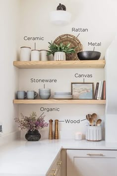 kitchen shelves labeled with different types of utensils and other items on them,