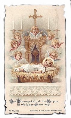 an old fashioned christmas card with angels and a baby in a manger scene, surrounded by candles