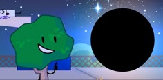 a cartoon character holding a large black object in front of a night sky with stars