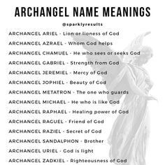 an image of the names of angels in front of a black and white background with text