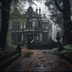 an old house in the middle of a forest with stairs leading up to it's entrance