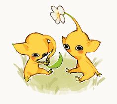 two little yellow animals are playing with a flower