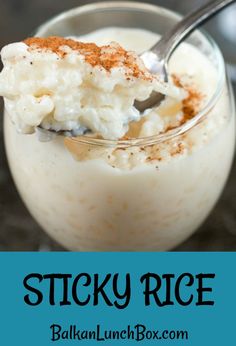 a close up of a bowl of rice with a spoon in it and the words sticky rice on top