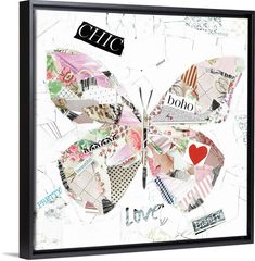 a butterfly with the word love on it's wings is shown in black frame