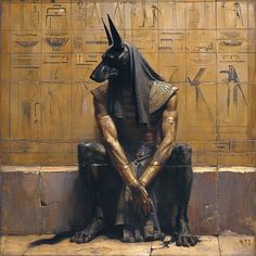 an egyptian man sitting on a stone bench with his head turned to look like anub