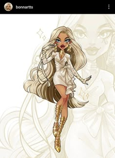 a cartoon girl with long blonde hair and gold boots