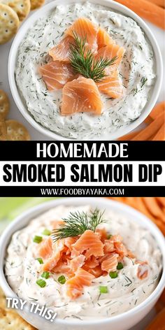 two bowls filled with smoked salmon dip and crackers