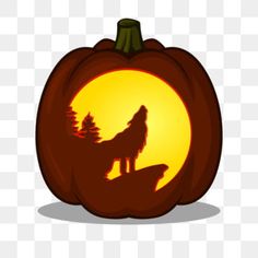 a carved pumpkin with a wolf silhouette on it, and the moon in the background